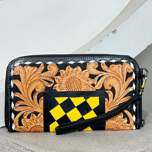 Vintage Super September Genuine Hand Tooled Leather Zipper Checkered Pattern Mini Bag Luxury Flower Design for <b>Ladies</b> <b>Wallet</b> - Product Image 3
