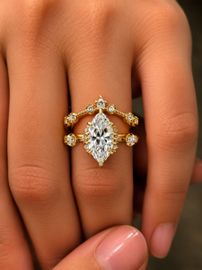Vintage Jewelry Curved Double Band <b>14K</b> Solid <b>Gold</b> Marquise Cut Lab Grown Diamond IGI Certified Milgrain Border Engagement <b>Rings</b> - Product Image 1