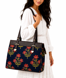 Conjunto de 3 Bolsos de Mano de Lujo para Mujer, Bolso Tote con Estampado de Brocado Kalamkari, con Bolsa de Mano a Juego y Correa Desmontable para Bodas y Fiestas - Product Image 2