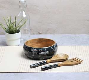 Bol à salade moderne de luxe en bois émaillé imprimé avec ensemble de cuillères – Vaisselle élégante faite à la main pour la salle à manger, la cuisine et la décoration intérieure - Product Image 6