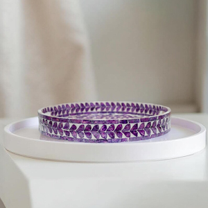 Bandeja Redonda con Incrustaciones de Madreperla Morada, Bandeja para Servir y Mesa de Centro, Decoración con Patrón de Hojas, Hecha a Mano - Product Image 4