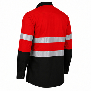 Camisa de Trabajo de Seguridad de Manga Larga Reflectante de Alta Visibilidad para Hombre, Roja y Negra, de Poliéster Tejido Transpirable con Diseño de Bolsillos - Product Image 4