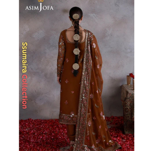 Ssumaira présente : Robe Salwar Kameez formelle 3 pièces en mousseline brodée Asim Jofa, couleur moutarde, infroissable, pour les fêtes de l'Aïd et du Diwali - Product Image 5