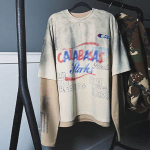 เสื้อยืดผู้ชายฤดูร้อนสไตล์วินเทจทำสีซีดแบบดิสเทรส ผ้าฝ้าย 100% เนื้อหนา พิมพ์ลายกราฟิกตามสั่ง เสื้อยืดแขนสั้นผู้ชายประดับเพชร - Product Image 2