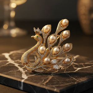 เข็มกลัดมุกน้ำจืดดีไซน์นกยูงหรูหราสำหรับผู้ชายและผู้หญิง ชุบทอง - Product Image 6