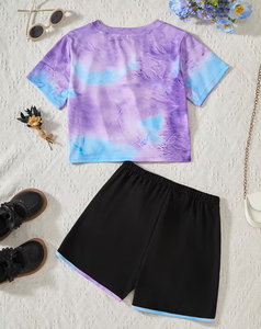 Girls 2Pcs <b>Set</b> <b>Tie</b> <b>Dye</b> Heart Print Short Sleeve Top Knot Black Shorts Polyester Cotton Breathable High Quality Casual Outfit - Product Image 2