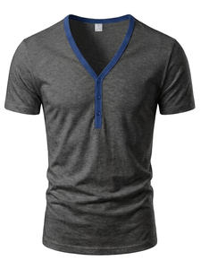 Men's V-Neck Short Sleeve Knitted Jersey T-Shirt 100% Cotton Solid Color Contrast Trim Slim Fit Casual Breathable 200 Grams - Product Image 3