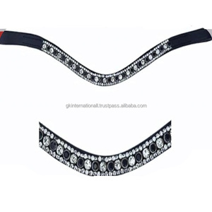 Diadema negra de cuero inglés para caballo, decorada con 3 filas de cristales transparentes en blanco y negro, cadena de diamantes brillantes. - Product Image 4