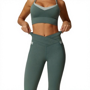 Ensemble de yoga côtelé sans couture taille haute pour femme, haut court à col en V et leggings, tenue de sport 2 pièces extensible et respirante - Product Image 4