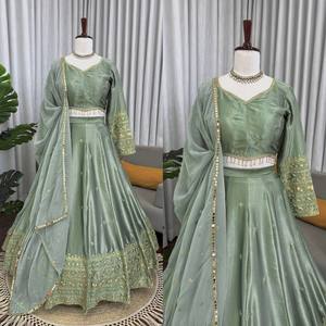 Lehenga Choli de Satén Japonés de Diseño con Dupatta, Bordado con Hilos y Lentejuelas - Product Image 1