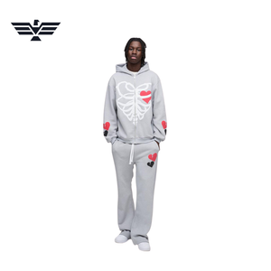 Men's Grey Anti-Pilling Polyester/Cotton <b>Zip</b> <b>up</b> <b>Hoodie</b> with <b>Skeleton</b> Ribcage and Broken Heart Print Streetwear Sweatshirt - Product Image 2
