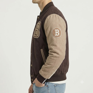 <b>Men's</b> Varsity <b>Jacket</b> Brown Beige Letter B Embroidered Casual Cotton Polyester Autumn Turn-down Collar Regular Sleeve - Product Image 5