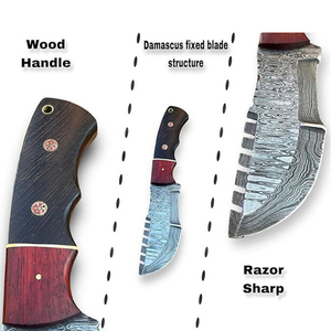 มีดทำมือจากเหล็กดามัสกัส เหล็กกล้าคาร์บอน มีดล่าสัตว์แบบใบมีดคงที่ ด้ามไม้เวงเก้ปาดัก พร้อมซองหนังแบบพกพาสองแบบ - Product Image 2