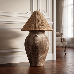 Lámpara de pie rústica de terracota con pantalla de rafia, base de cerámica antigua con doble asa, estilo Wabi Sabi. - Product Image 3