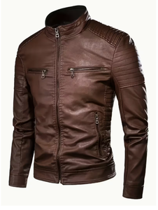 TRIBON SPORTS <b>Men's</b> Brown Cowhide <b>Leather</b> Bomber <b>Jacket</b> Stand Collar Zipper Closure Slim Fit Regular Sleeve Solid Color Winter - Product Image 1