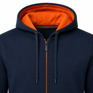 Men's Winter Navy Blue Hooded Zip-Up Sweatshirt Digital Printing <b>Orange</b> Lining Regular Fit Casual Polyester Cotton <b>Fleece</b> Fabric - Product Image 6