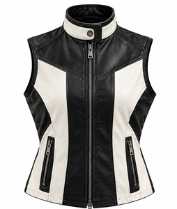 Chaleco de cuero para hombre en blanco y negro con cuello alto y cierre de cremallera. - Product Image 1