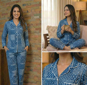 ชุดนอนผ้าฝ้ายอินดิโก้ทอลายบล็อกพิมพ์มือแบบสองชิ้น ผ้าทอเนื้อหนา ใส่ได้สองด้าน สำหรับผู้หญิง ส่งออกจากอินเดีย - Product Image 3