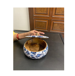 Polished Solid Wood Chapati Box-Souvenir for Kitchen Use Round Design with <b>Lid</b> white flower design - Product Image 2