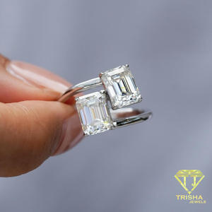 Elegant Moissanite Diamond <b>Emerald</b> Cut Two Stone <b>Ring</b> <b>Silver</b> Tone Bypass Setting Modern Engagement Jewelry For Women - Product Image 2