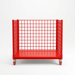 Chariot de transport en acier rouge à mailles métalliques avec quatre roues, chariot de stockage empilable industriel - Product Image 2