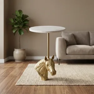Modern <b>Round</b> Marble Top Side <b>Table</b> with <b>Gold</b> Horse Head Base Decorative Accent Furniture for Living Room - Product Image 1