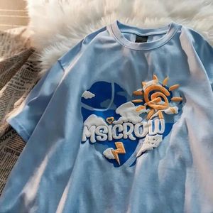 3D Puff Print T-Shirt Men Short Sleeve Cartoon Sun <b>Cloud</b> Design Oversized O-<b>Neck</b> Casual Cotton Jersey Top - Product Image 3