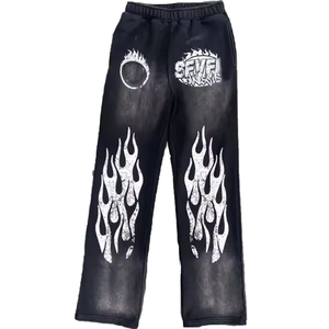 Ensemble sweat-shirt et pantalon de survêtement pour homme, imprimé flamme, noir, deux pièces, manches longues, coupe classique - Product Image 3