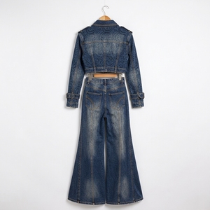 <b>Womens</b> <b>Dark</b> <b>Blue</b> Denim Two Piece Set Cropped Double Breasted Jacket Wide Leg <b>Jeans</b> Belt Custom OEM ODM Wholesale Manufacturer - Product Image 5