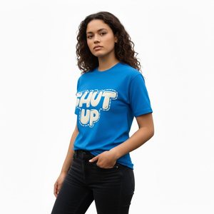 Camiseta Gráfica Azul Personalizada para Hombre, con Parche 'Shut Up', Estilo Urbano, Algodón Grueso, Oversize, Vintage, Lavada, Manga Corta, Moderna - Product Image 2