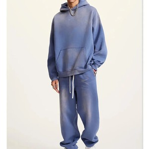 Ensemble de survêtement décontracté pour homme en coton bleu, coupe ample, couleur unie, avec sweat à capuche et pantalon à cordon de serrage, manches longues, idéal pour l'automne - Product Image 2