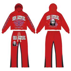 Conjunto Deportivo de 2 Piezas para Hombre, 100% Algodón, Felpa, Diseño de Parches, Pantalones Acampanados, Top Corto, Lavado Ácido, Antibacterial, 360g - Product Image 4