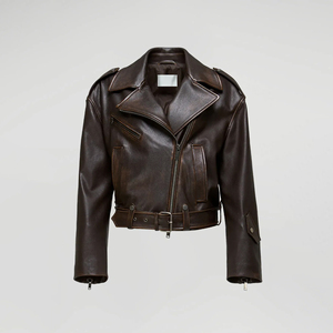 Chaqueta de Motociclista de Cuero Genuino Marrón Vintage para Hombre, Cuello Camisero, Cierre de Cremallera, Chaqueta Corta - Product Image 4