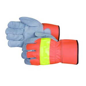 Guantes de Seguridad de Cuero Vacuno Canadiense de Primera Calidad, Resistentes, con Puño y Dorso de Poliéster Fluorescente Naranja - Product Image 2