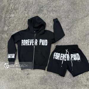 ชุดกางเกงขาสั้นมีฮู้ดแบบซิป100% ผ้าฝ้ายปักลายสไตล์ฮิปฮอปดีไซน์ใหม่สำหรับฤดูหนาว - Product Image 5