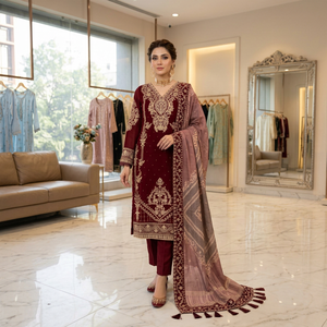 Maroon Embroidered <b>Kurti</b> With Dupatta Traditional Indian Pakistani Style Wedding Wear <b>For</b> <b>Women</b> - Product Image 1