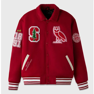 Blouson universitaire streetwear rouge pour homme, broderie hibou et lettre S sur le devant, style preppy, col rabattu, pour l'hiver - Product Image 1