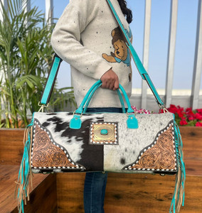 ใหม่จริงทําด้วยมือสไตล์วินเทจTooled CowhideหนังDuffel Western Unisex CowhideหนังTurquoise Fringeกระเป๋าเดินทางขนาดใหญ่ - Product Image 2