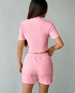 Women 2 Piece Shorts Set Solid Pink Crew Neck Short Sleeve Knitted Casual Spring Summer Above Knee Length Pockets Loose Stretch - Product Image 4