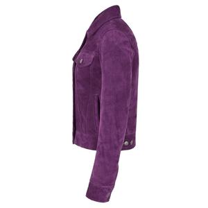 Chaqueta de camionero de cuero para mujer, chaqueta de ante púrpura de piel de vaca, Estilo vintage, de cuero real - Product Image 5