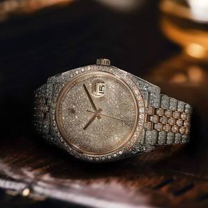 Montre pour homme de luxe RoseTone 46 mm en acier inoxydable, cadran entièrement serti de diamants, style HipHop, mouvement à quartz, montre à aiguilles, diamant Moissanite - Product Image 1