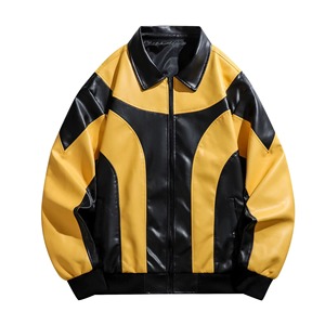 Chaqueta de cuero PU para hombre, estilo bomber, con bloques de color, estilo motociclista, cuello vuelto, cierre de cremallera, para otoño, chaqueta de moto. - Product Image 4