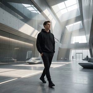 Custom <b>Black</b> Minimalist Pullover Hoodie Men's Casual Sportswear <b>Sweatshirt</b> Raised Logo OEM ODM Wholesale Manufacturer - Product Image 3