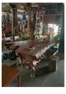 Table à manger rustique en bois massif avec base en racine d'arbre, design moderne, durable, imperméable, meubles robustes pour usage intérieur - Product Image 4