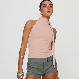 Women's Pink Halter <b>Neck</b> Ruched Tank Top Solid Knitted Sleeveless Casual Breathable Spandex Cotton Short Length Fixed <b>Pad</b> Top - Product Image 1