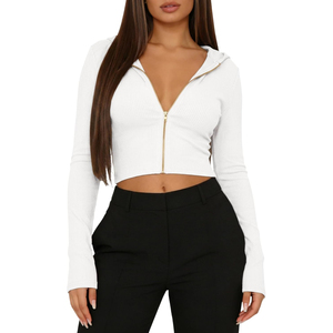 Premium OEM ODM Women's <b>White</b> Knitted Hooded <b>Crop</b> <b>Top</b> Full <b>Sleeve</b> Zip-Up Solid Color Autumn Wear Breathable <b>Long</b> <b>Sleeve</b> Sweater - Product Image 1