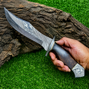 Cuchillo Bowie de Camping Hecho a Mano Personalizado con Punta Clip, Hoja Recta de Acero de Damasco de 3mm de Grosor, Mango de Madera y Funda de Cuero - Product Image 4