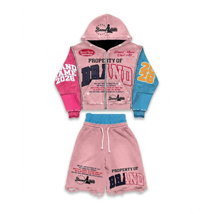 Ensemble sweat à capuche et short en molleton de coton 380g, coupe courte et carrée, double taille, personnalisable, à séchage rapide, avec strass, pour homme, hiver - Product Image 1