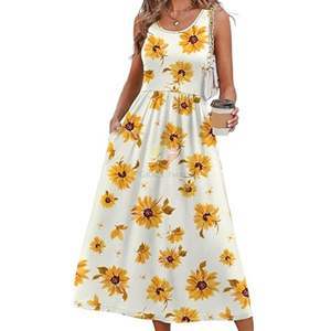 Vestido Largo sin Mangas con Estampado Floral Blanco, Vestido Casual de Verano con Bolsillos Laterales, Vestido Largo con Estampado Botánico, Ropa de Moda Femenina - Product Image 4