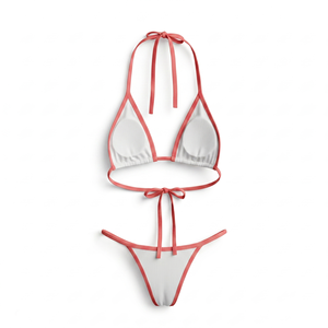 Women <b>Triangle</b> <b>Bikini</b> <b>Set</b> 220 GSM Ribbed Polyester Spandex White Pink Contrast Trim Custom Sublimation Logo Swimwear - Product Image 2